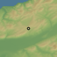 Shaded relief of the 55 km around Mazouna, drawn from the GMTED2010 grid