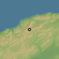 Shaded relief of the 54 km around Moussadek, drawn from the GMTED2010 grid