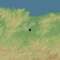 Shaded relief of the 54 km around Ramdane Djamel, drawn from the GMTED2010 grid