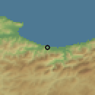 Shaded relief of the 54 km around Aokas, drawn from the GMTED2010 grid