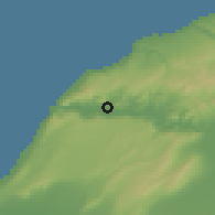 Shaded relief of the 55 km around Sidi Belatar, drawn from the GMTED2010 grid