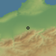Shaded relief of the 54 km around Soumaa, drawn from the GMTED2010 grid