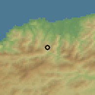 Shaded relief of the 54 km around Texena, drawn from the GMTED2010 grid