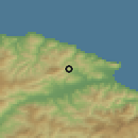Shaded relief of the 54 km around Toudja, drawn from the GMTED2010 grid