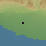 Shaded relief of the 55 km around Zeribet El Oued, drawn from the GMTED2010 grid