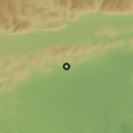Shaded relief of the 52 km around Dylboki, drawn from the GMTED2010 grid