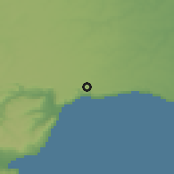 Shaded relief of the 52 km around Balchik, drawn from the GMTED2010 grid