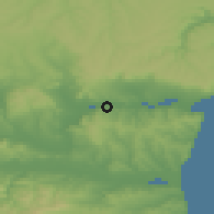 Shaded relief of the 52 km around Beloslav, drawn from the GMTED2010 grid