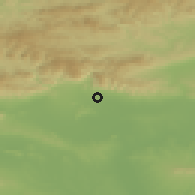 Shaded relief of the 52 km around Topolchane, drawn from the GMTED2010 grid