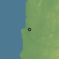 Shaded relief of the 60 km around Campo, drawn from the GMTED2010 grid