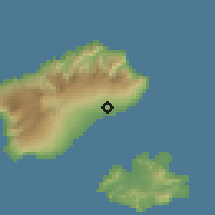 Shaded relief of the 59 km around Porto Novo, drawn from the GMTED2010 grid