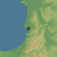 Shaded relief of the 54 km around Coronel, drawn from the GMTED2010 grid
