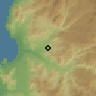 Shaded relief of the 56 km around El Romero, drawn from the GMTED2010 grid
