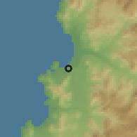 Shaded relief of the 56 km around El Rosario, drawn from the GMTED2010 grid