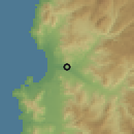 Shaded relief of the 56 km around Islón, drawn from the GMTED2010 grid