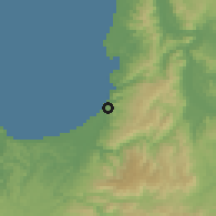Shaded relief of the 54 km around Laraquete, drawn from the GMTED2010 grid