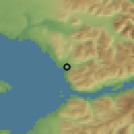 Shaded relief of the 53 km around Lenca, drawn from the GMTED2010 grid