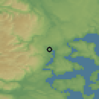 Shaded relief of the 52 km around Llaullao, drawn from the GMTED2010 grid