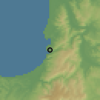 Shaded relief of the 54 km around Lota, drawn from the GMTED2010 grid
