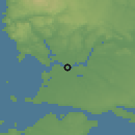 Shaded relief of the 53 km around Maullín, drawn from the GMTED2010 grid