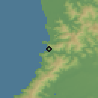 Shaded relief of the 53 km around Mehuín, drawn from the GMTED2010 grid