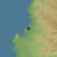 Shaded relief of the 57 km around Caldera, drawn from the GMTED2010 grid