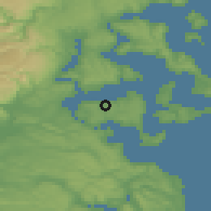 Shaded relief of the 52 km around Puqueldón, drawn from the GMTED2010 grid