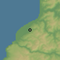 Shaded relief of the 55 km around Putú, drawn from the GMTED2010 grid