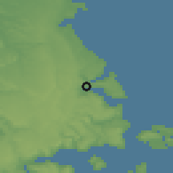 Shaded relief of the 53 km around Quemchi, drawn from the GMTED2010 grid