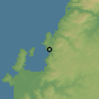 Shaded relief of the 54 km around Tomé, drawn from the GMTED2010 grid