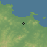 Shaded relief of the 54 km around Fushan, drawn from the GMTED2010 grid