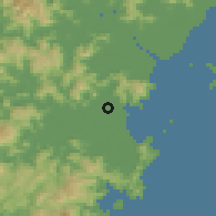 Shaded relief of the 57 km around Aojiang, drawn from the GMTED2010 grid