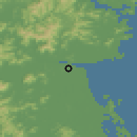 Shaded relief of the 57 km around Jiaojiang, drawn from the GMTED2010 grid