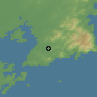 Shaded relief of the 55 km around Licung, drawn from the GMTED2010 grid