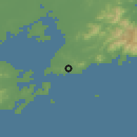 Shaded relief of the 55 km around Qingdao, drawn from the GMTED2010 grid