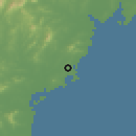 Shaded relief of the 55 km around Rizhao, drawn from the GMTED2010 grid