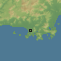 Shaded relief of the 59 km around Sanya, drawn from the GMTED2010 grid