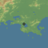 Shaded relief of the 58 km around Shanwei, drawn from the GMTED2010 grid