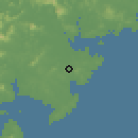 Shaded relief of the 58 km around Shishi, drawn from the GMTED2010 grid