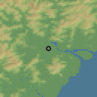 Shaded relief of the 57 km around Wenzhou, drawn from the GMTED2010 grid