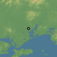 Shaded relief of the 58 km around Yangjiang, drawn from the GMTED2010 grid