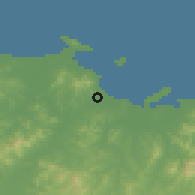 Shaded relief of the 54 km around Yantai, drawn from the GMTED2010 grid