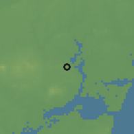 Shaded relief of the 58 km around Zhanjiang, drawn from the GMTED2010 grid