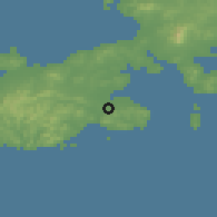 Shaded relief of the 54 km around Dalian, drawn from the GMTED2010 grid