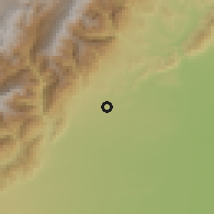 Shaded relief of the 60 km around Cumaral, drawn from the GMTED2010 grid