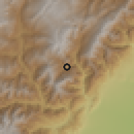 Shaded relief of the 60 km around El Calvario, drawn from the GMTED2010 grid