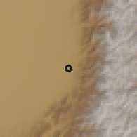Shaded relief of the 60 km around Miranda, drawn from the GMTED2010 grid