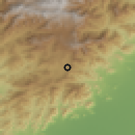 Shaded relief of the 60 km around Pueblo Bello, drawn from the GMTED2010 grid