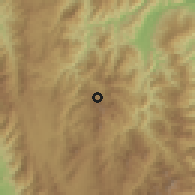 Shaded relief of the 60 km around San Calixto, drawn from the GMTED2010 grid