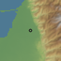 Shaded relief of the 60 km around Zona Bananera, drawn from the GMTED2010 grid